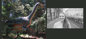 Dinosaur i skog, samt portrett av Lene Liebe Delsett