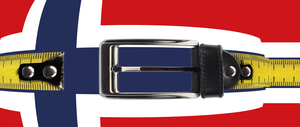 Grafikk av det norske flagg som buler utover med en beltespenne i målebåndtekstur rundt.